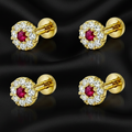 Ruby & Diamond Halo Gold AD Stud Earrings Combo Pack of 2 Pair