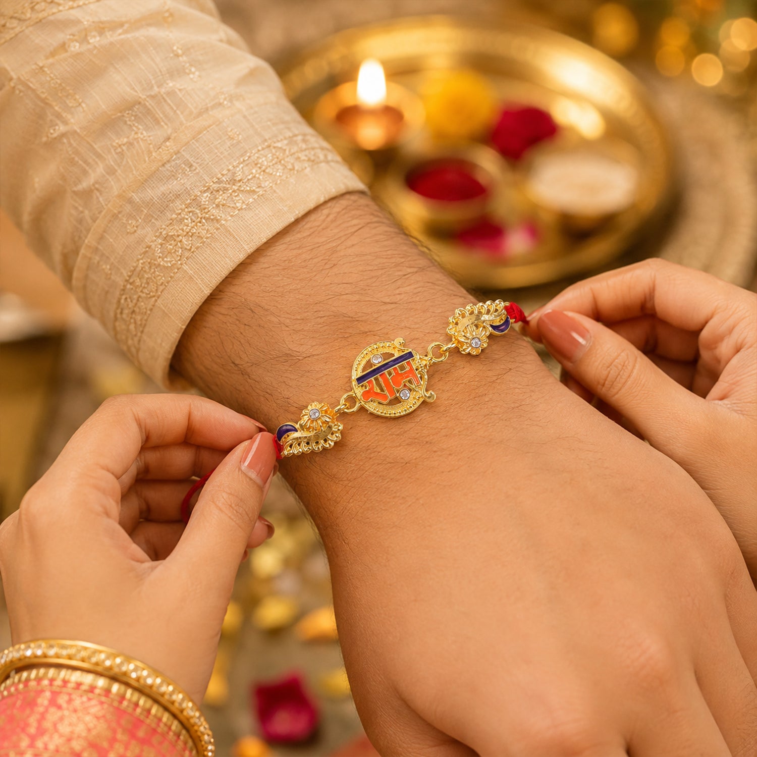Elegant Rakhi with Ram Plaque, crystal accents and wrist style for Raksha Bandhan