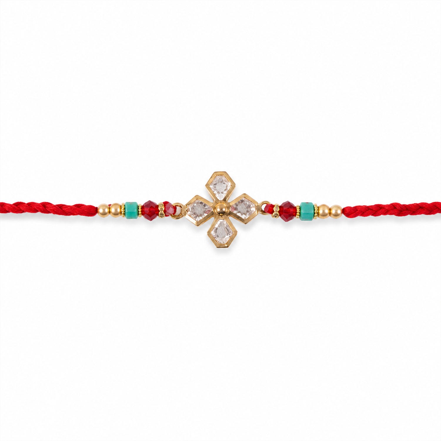 Diamond Flower Crystal Rakhi with Turquoise Beads, Roli Chawal Coin and Gift Box Packing
