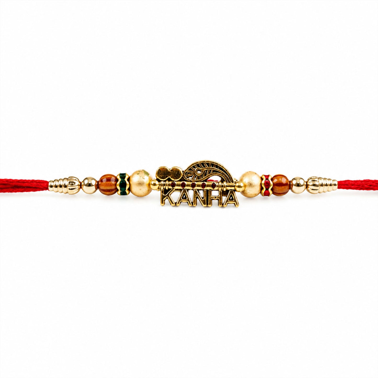 Kanha Krishna Devotional Rakhi with Peacock-Flute Style Golden Centre and Red Beads