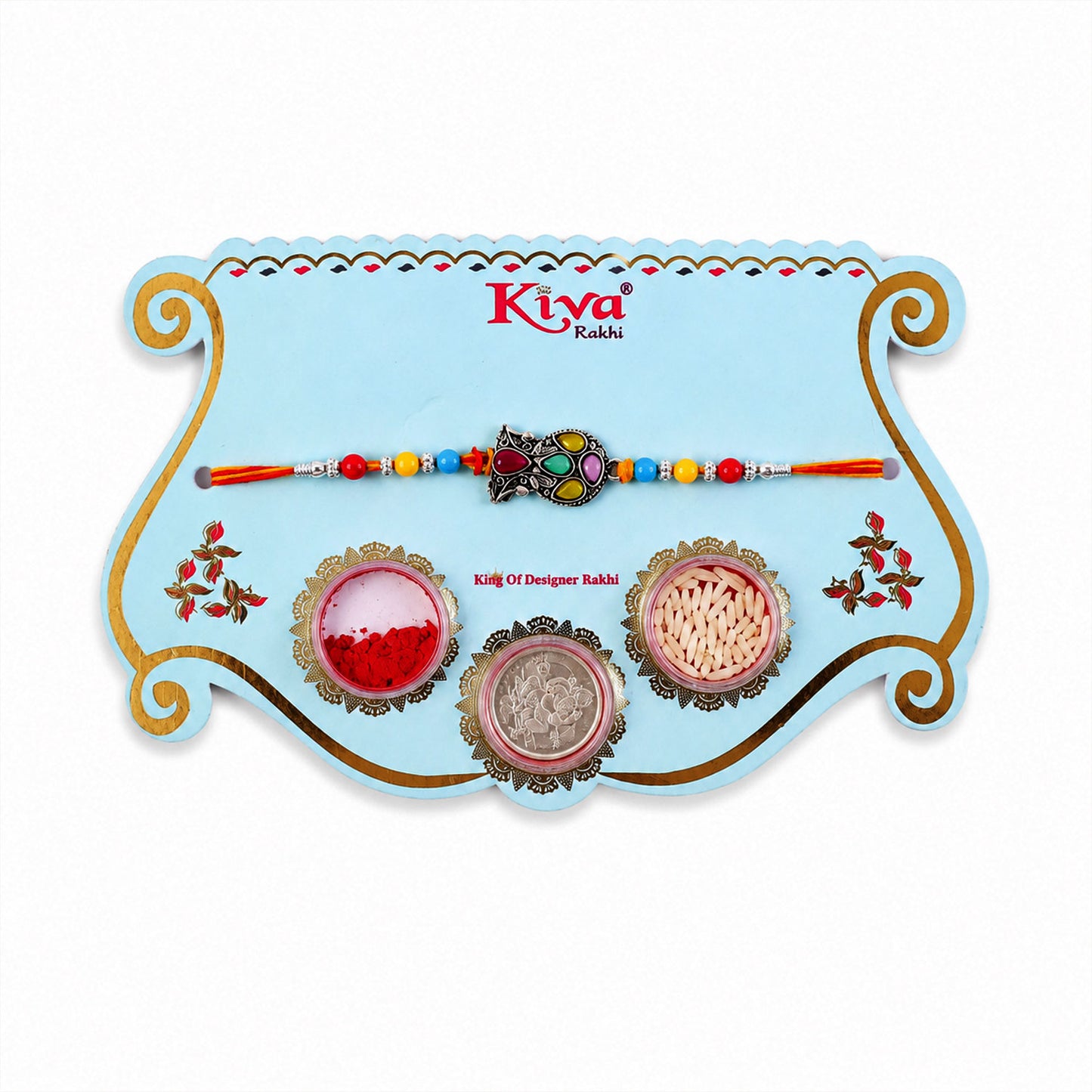Multicolor Teardrop Leaf Rakhi with Orange Thread, Roli Chawal Coin and Gift Box Packing