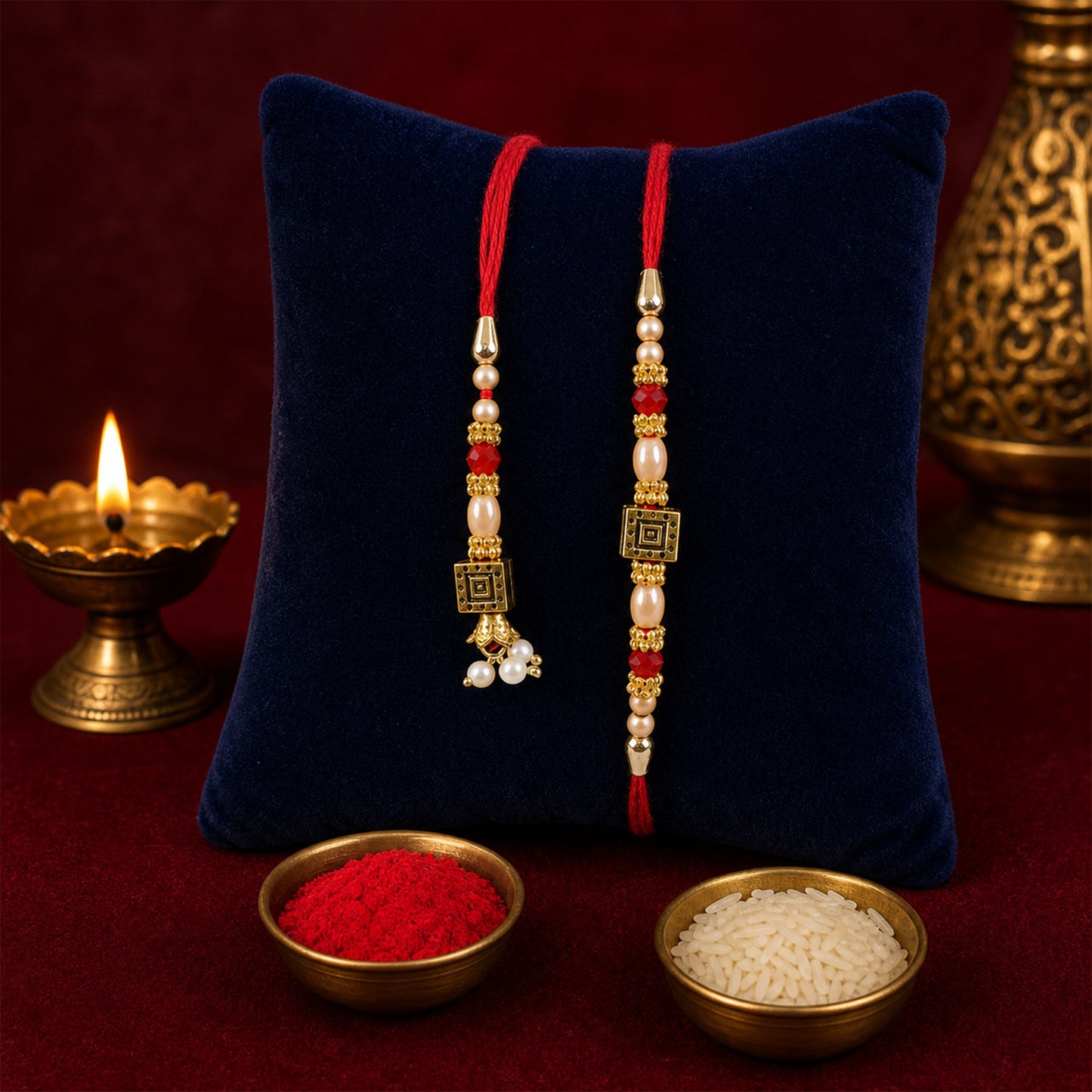 Graceful Circular Medallion Bhai Bhabhi Rakhi with Oval Pendant for Festive Gifting