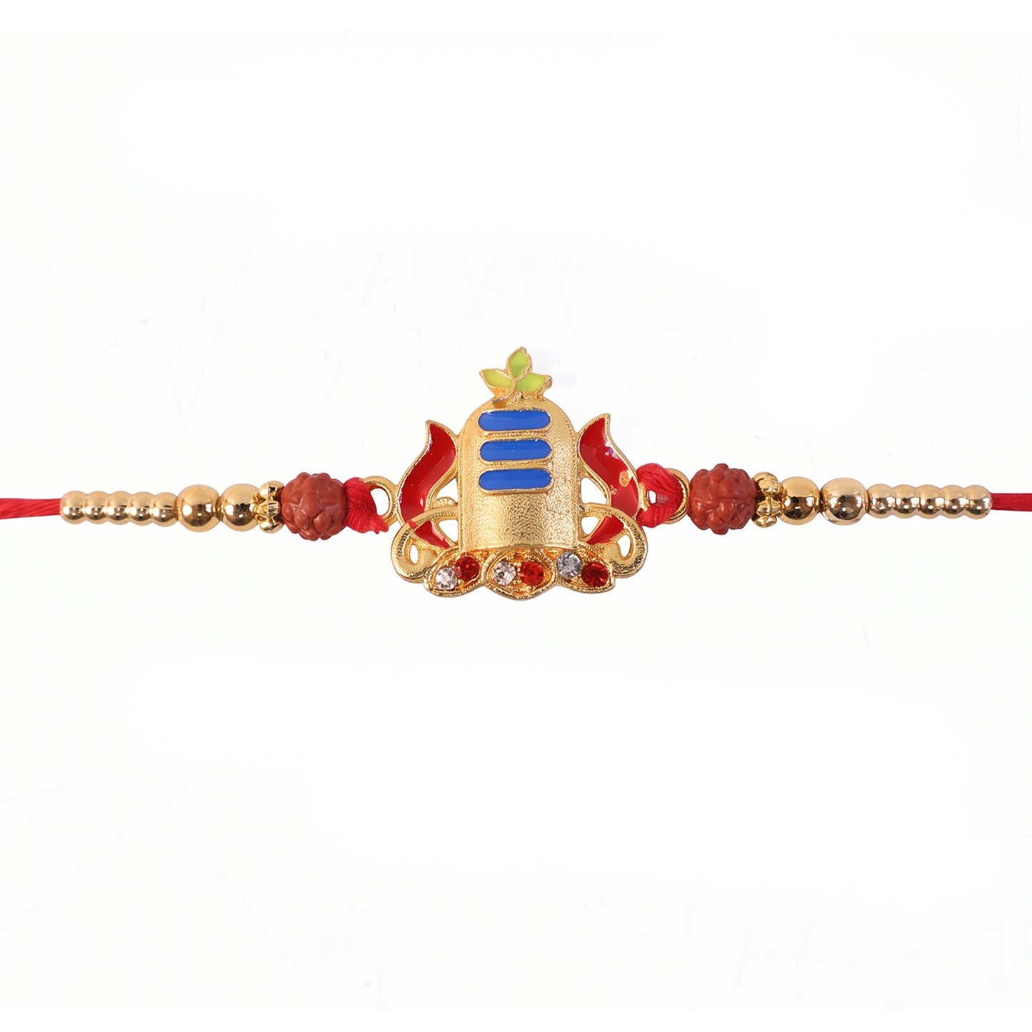 Gold Shivling Rakhi with Blue Tilak and Rudraksha Beads