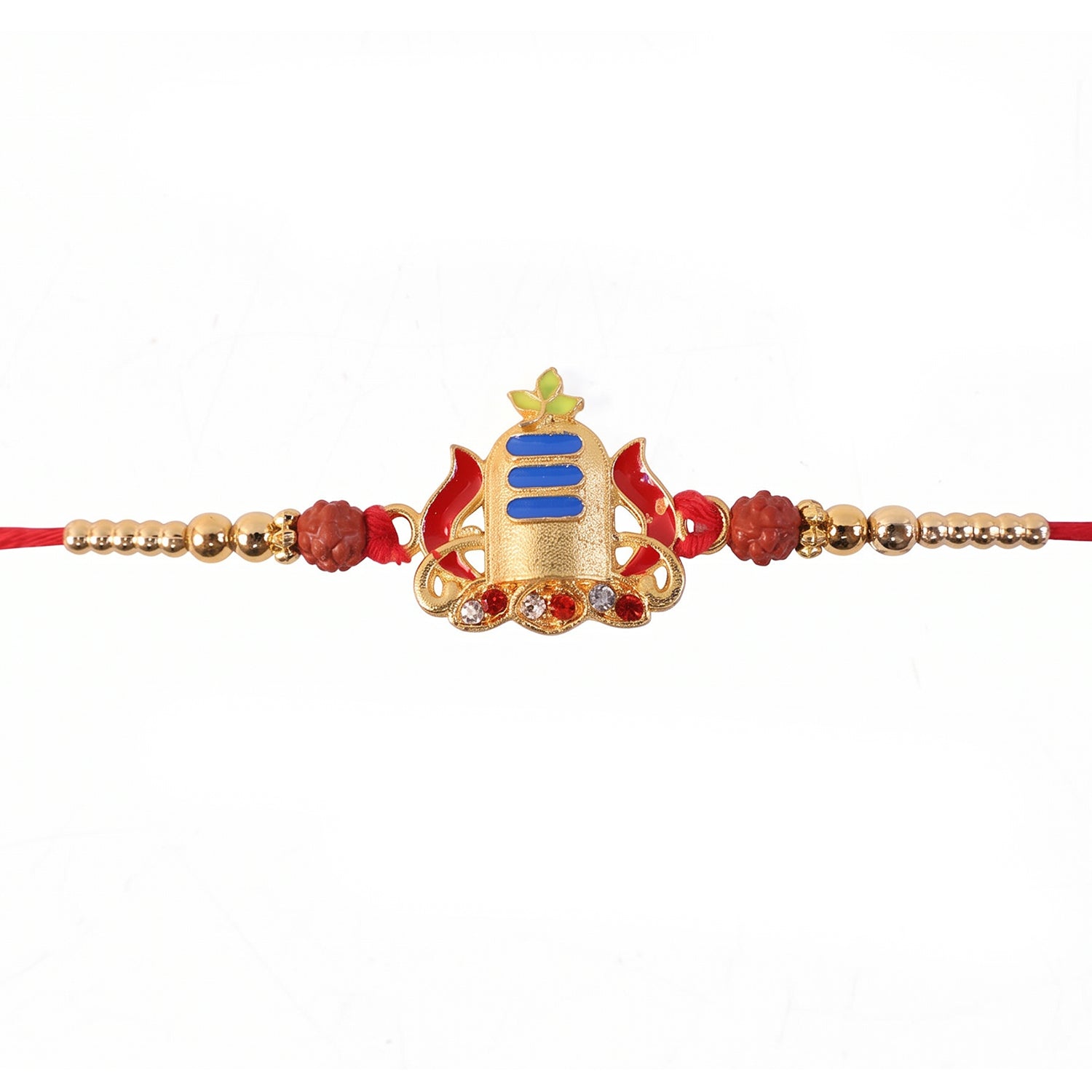 Gold Shivling Rakhi with Blue Tilak and Rudraksha Beads
