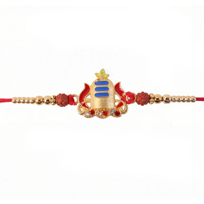 Gold Shivling Rakhi with Blue Tilak and Rudraksha Beads