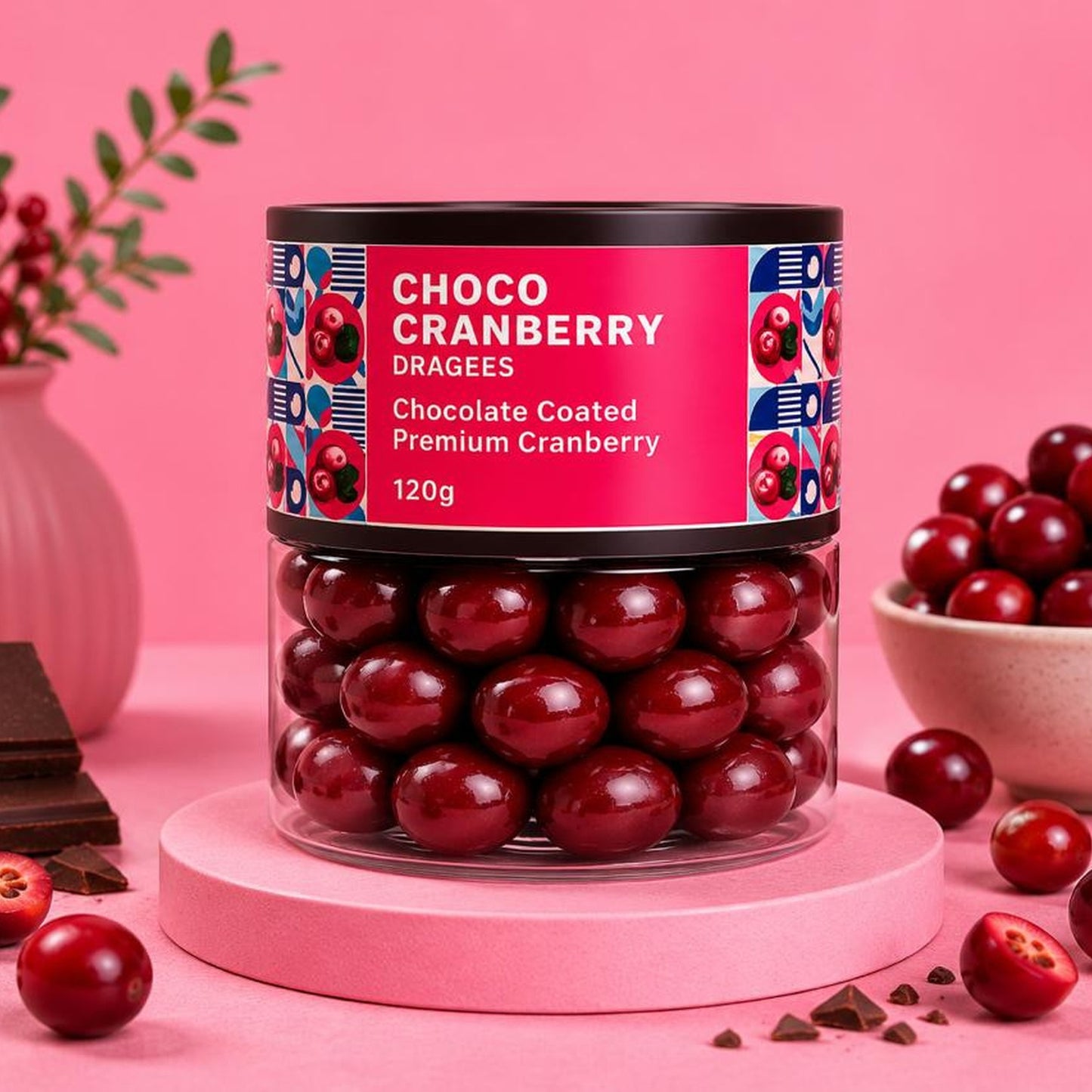 Oracle Choco Cranberry Dragees in a clear pouch, showing the smooth chocolate-coated cranberries.