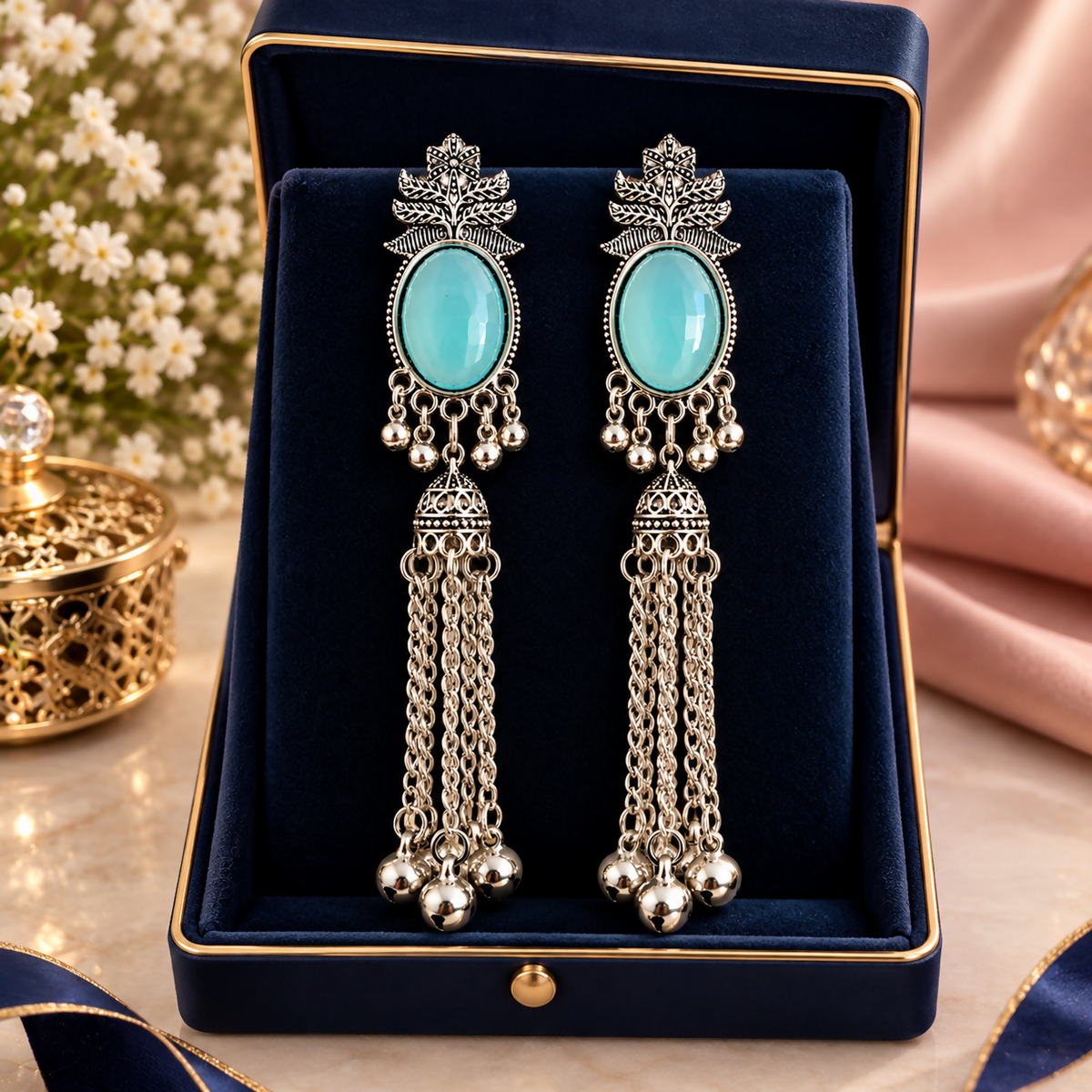 Luxury Turquoise Tassel Earrings in Velvet Box
