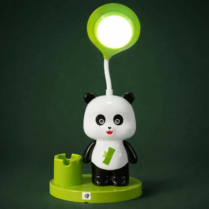 A white and black panda desk lamp with a bright green light and base, set against a dark green background.