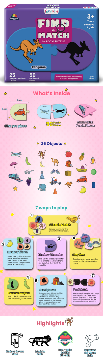 Shadow Matching Puzzle - Ages 3+ (50 cardboard puzzle pieces) Find & Match series