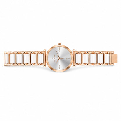 Rose Gold Round Dial Watch with Black Butterfly Charm Bracelet for Women