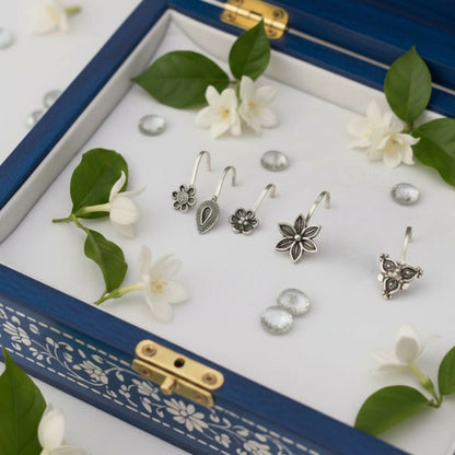 Oxidized Silver Traditional Floral Nose Pins Combo for Women & Girls (Pack of 5)