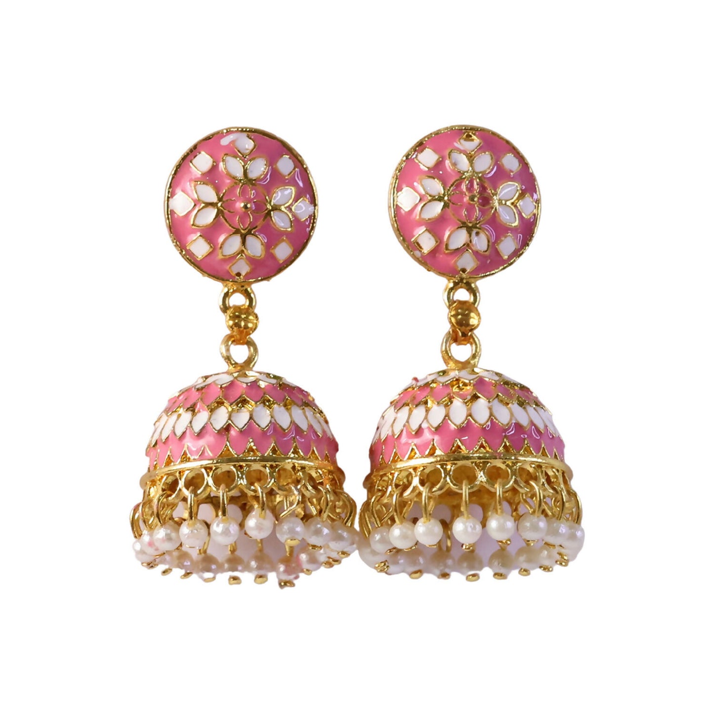 Pearl hanging beads detail on pink stud jhumka earrings