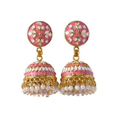 Pearl hanging beads detail on pink stud jhumka earrings