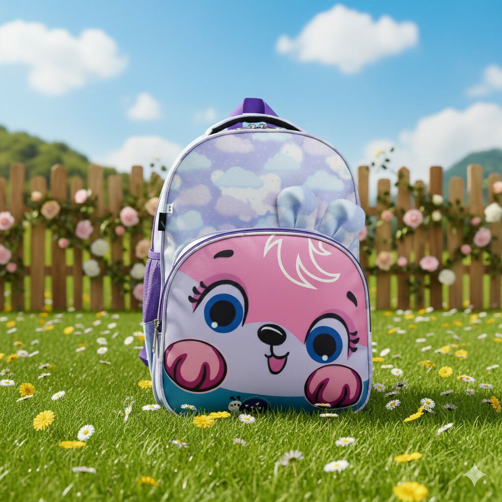 Cute Kids Backpack for Girls – Cartoon Animal Face School Bag with 3D Ears, Pastel Pink & Purple, Lightweight Preschool Bookbag for Toddlers & Kindergarten