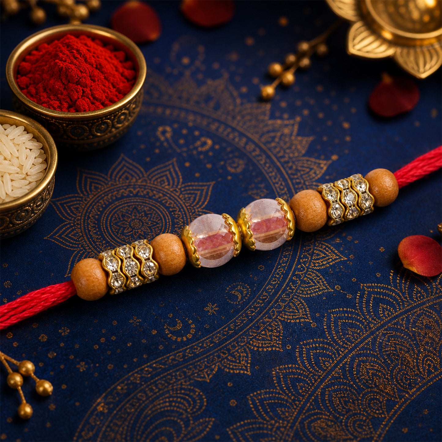 Red Thread Rakhi with Wooden Bead and Dusty-Pink Crystal Accents