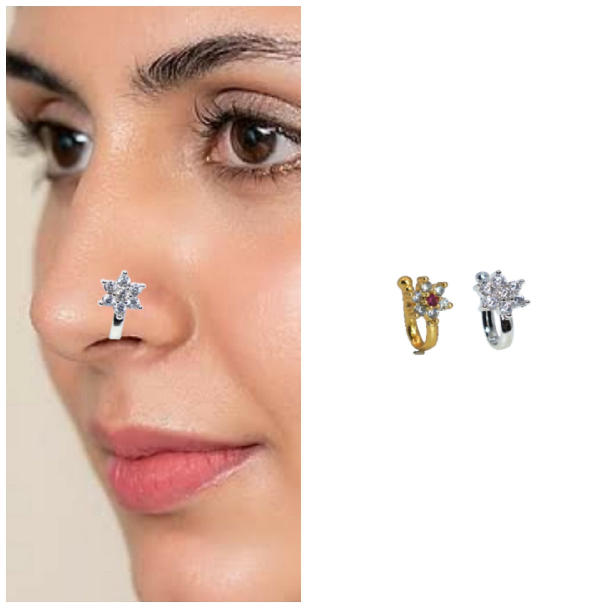 Rhodium Plated Non-Pierced Press Nath/Nose Pin for Women Combo Pack of 2