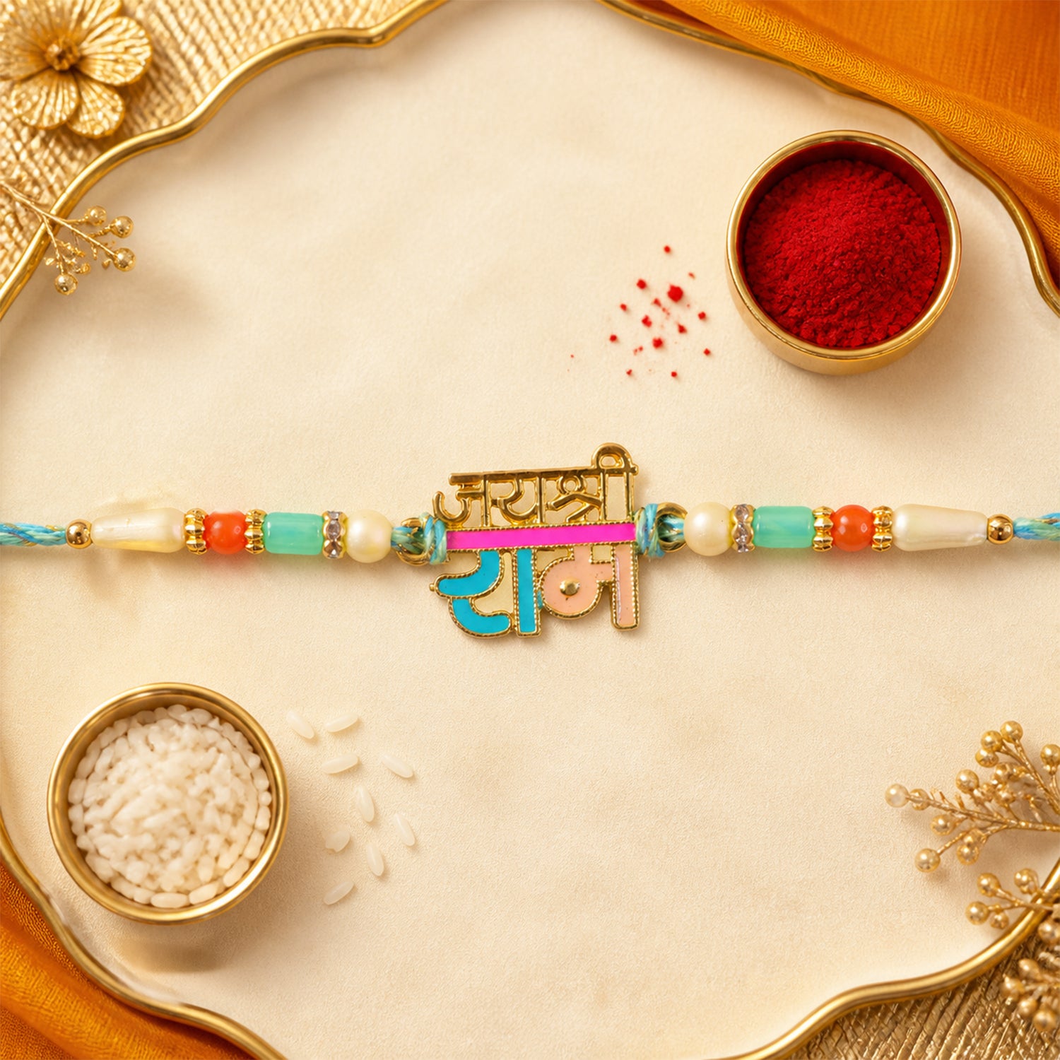 Premium Rakhi showcasing Jai Shri Ram Plaque, gold trims and chain look for Gift Use