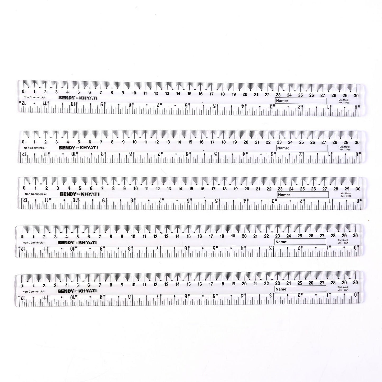 Flexible Transparent 30cm Bendy Ruler with Dual Scale Marking & Name Strip – Unbreakable Plastic (Pack of 5 Pieces)