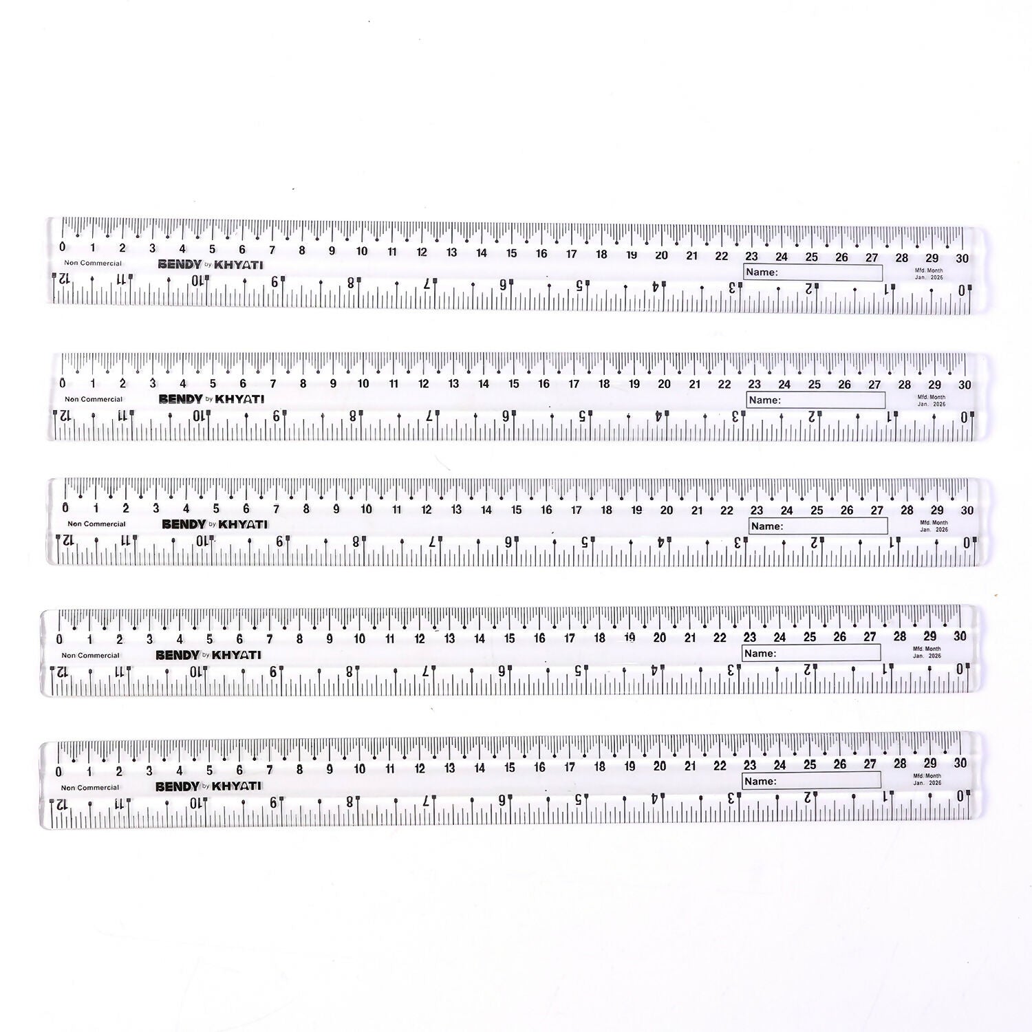 Flexible Transparent 30cm Bendy Ruler with Dual Scale Marking & Name Strip – Unbreakable Plastic (Pack of 5 Pieces)