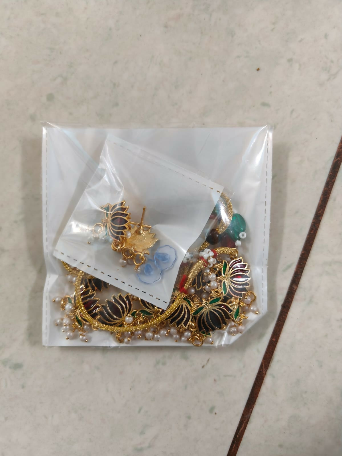 Gold-Toned maroon-Green Enamel Lotus & Pearl Choker Set