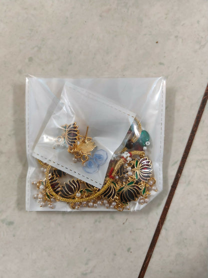 Gold-Toned maroon-Green Enamel Lotus & Pearl Choker Set