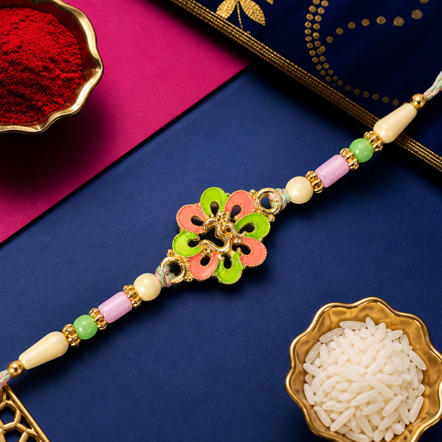 Om Flower Pendant Rakhi with Coral and Green Enamel