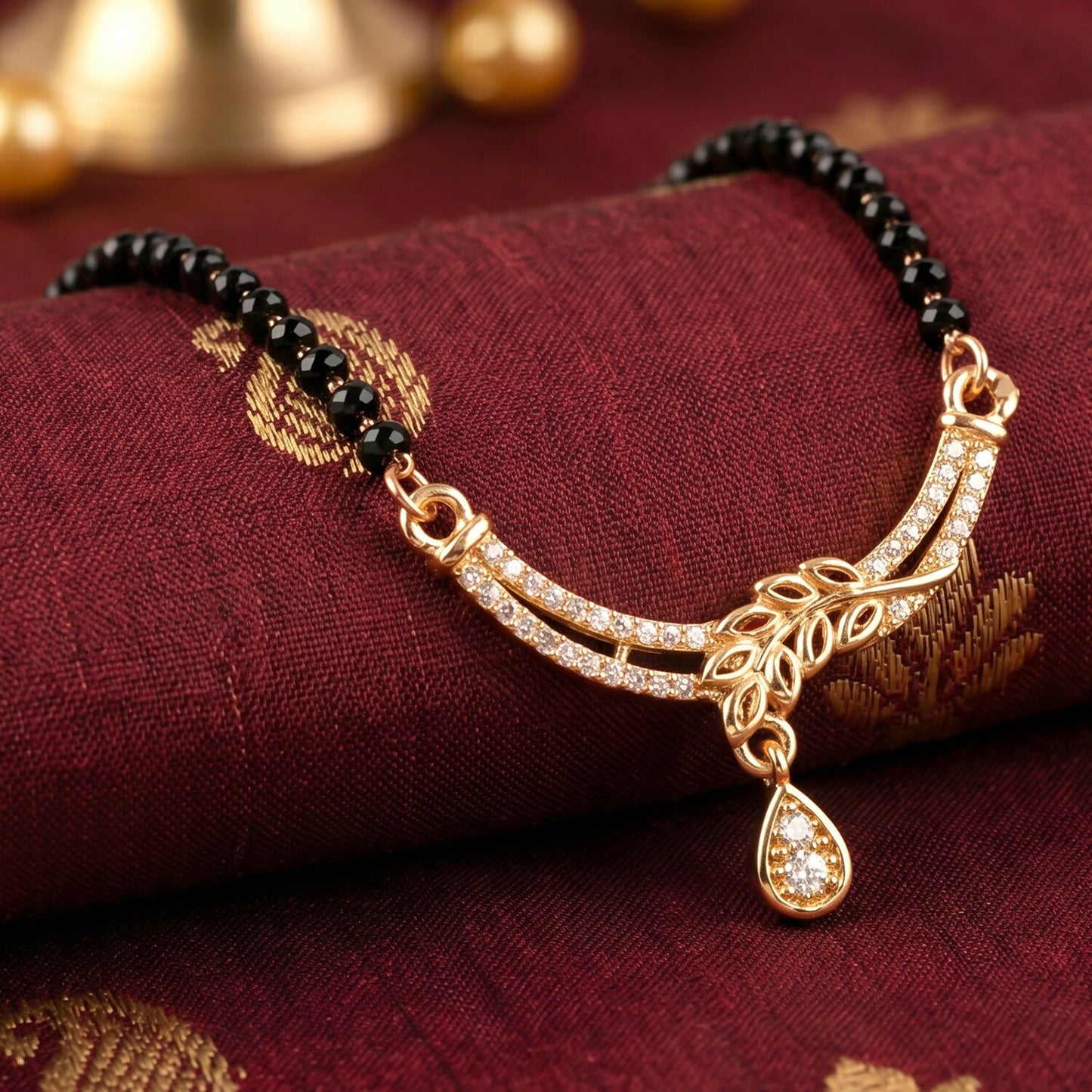 Elegant black bead chain with teardrop pendant, traditional mangalsutra