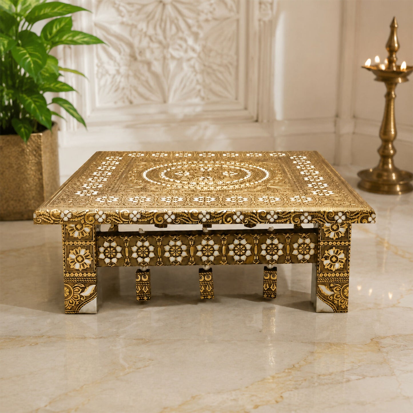 Side view of the elegant Pooja Chowki, highlighting its golden finish and sturdy build.