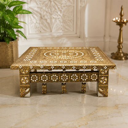 Side view of the elegant Pooja Chowki, highlighting its golden finish and sturdy build.