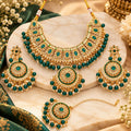 Royal Emerald Green Kundan Necklace Set with Matching Earrings, Maang Tikka and Pearl Dori