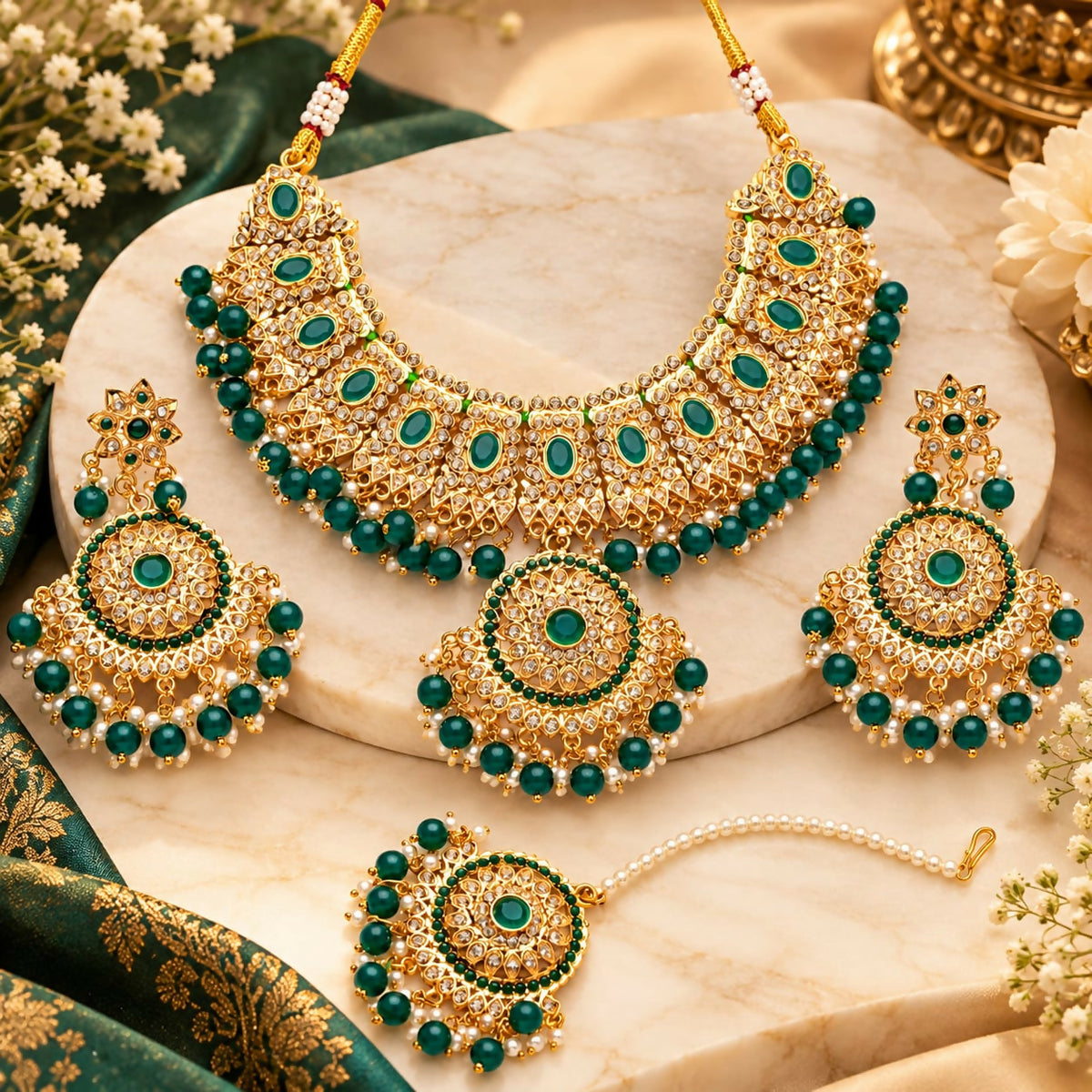 Royal Emerald Green Kundan Necklace Set with Matching Earrings, Maang Tikka and Pearl Dori
