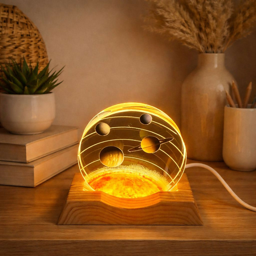 Planet Orbit 3D Acrylic LED Night Lamp with Wooden Base for Home Decor