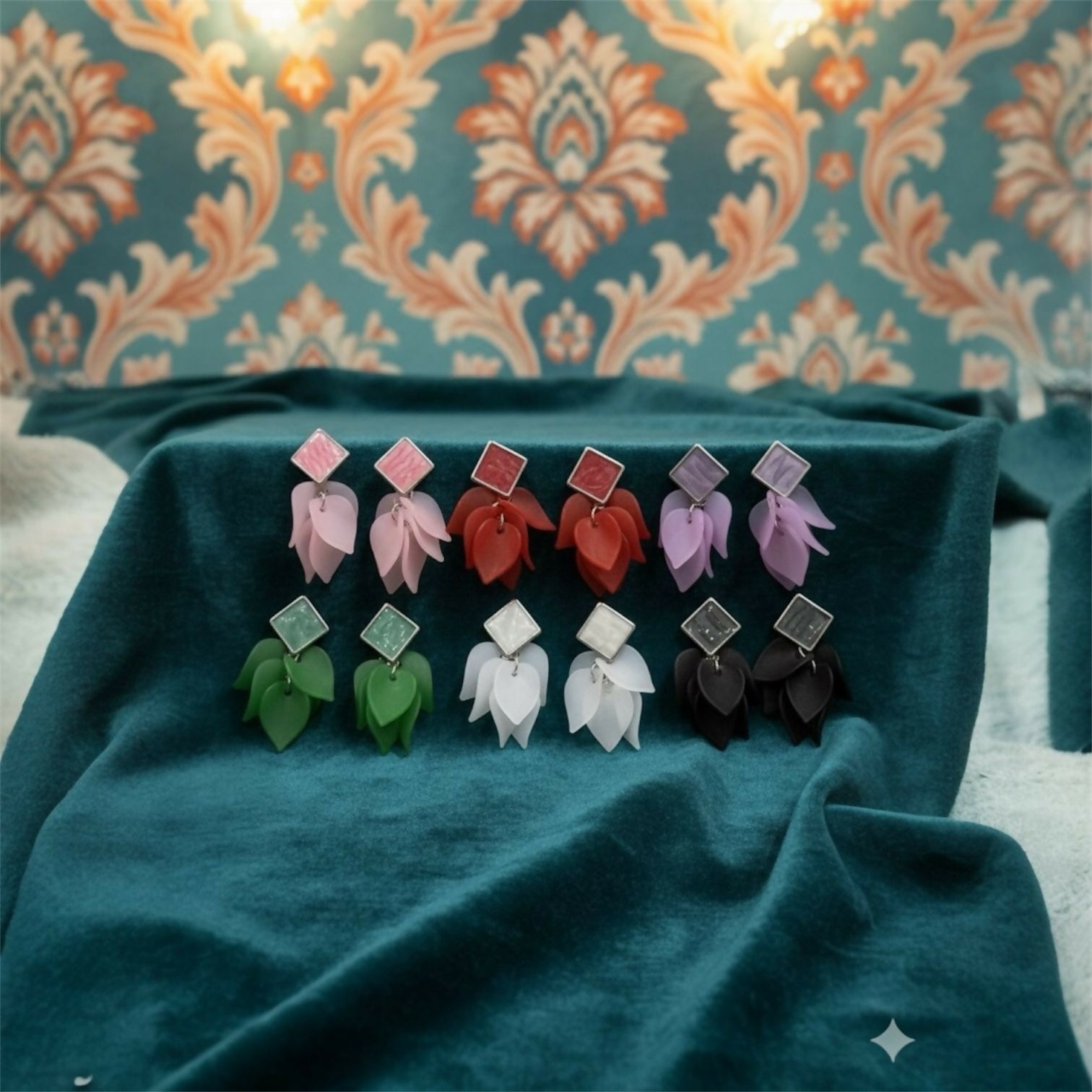 Premium Acrylic Petal Drop Earrings with Square Stud Top – Multicolor Fashion Collection (Pack Of 6)