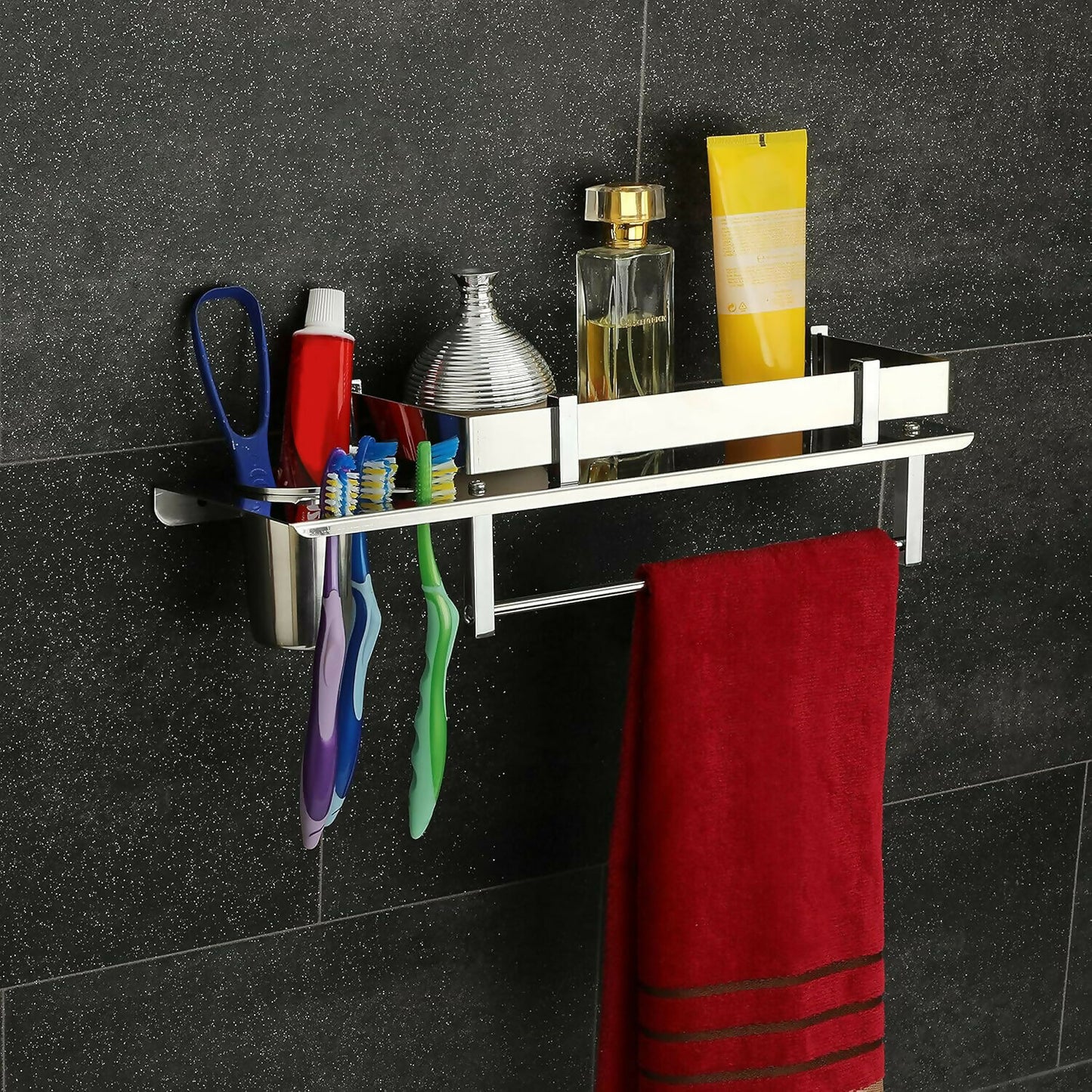 Premium Stainless Steel Wall Mounted Bathroom Shelf with Towel Rod & Toothbrush Holder
