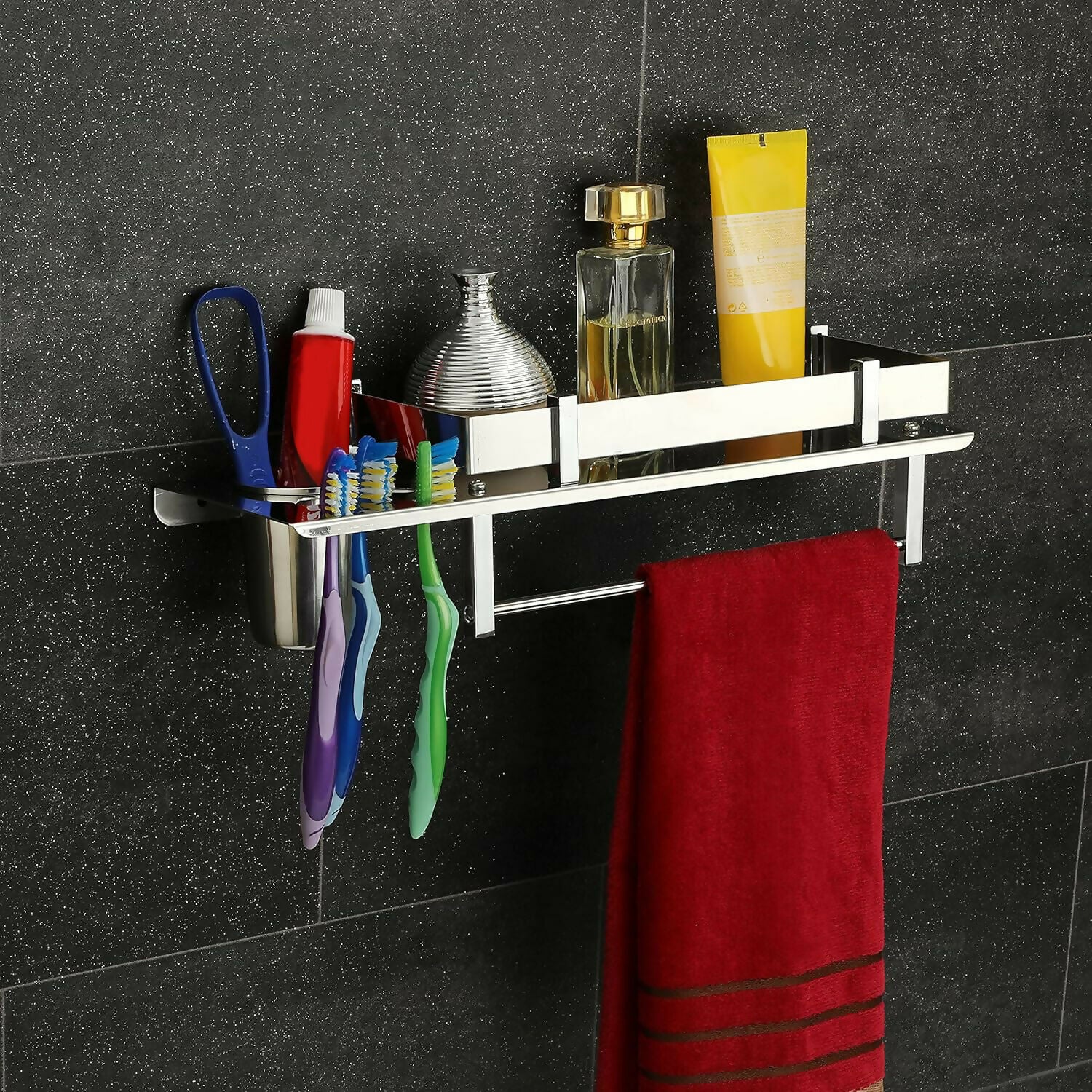Premium Stainless Steel Wall Mounted Bathroom Shelf with Towel Rod & Toothbrush Holder