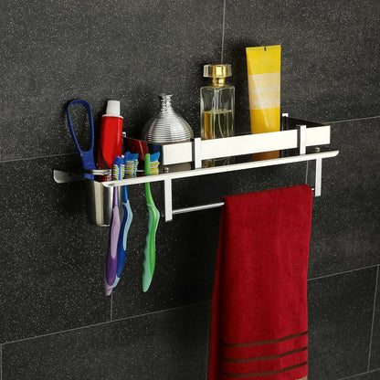 Premium Stainless Steel Wall Mounted Bathroom Shelf with Towel Rod & Toothbrush Holder