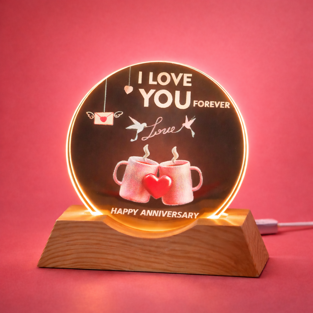 I Love You Forever LED Acrylic Lamp with Wooden Base | Anniversary Night Light