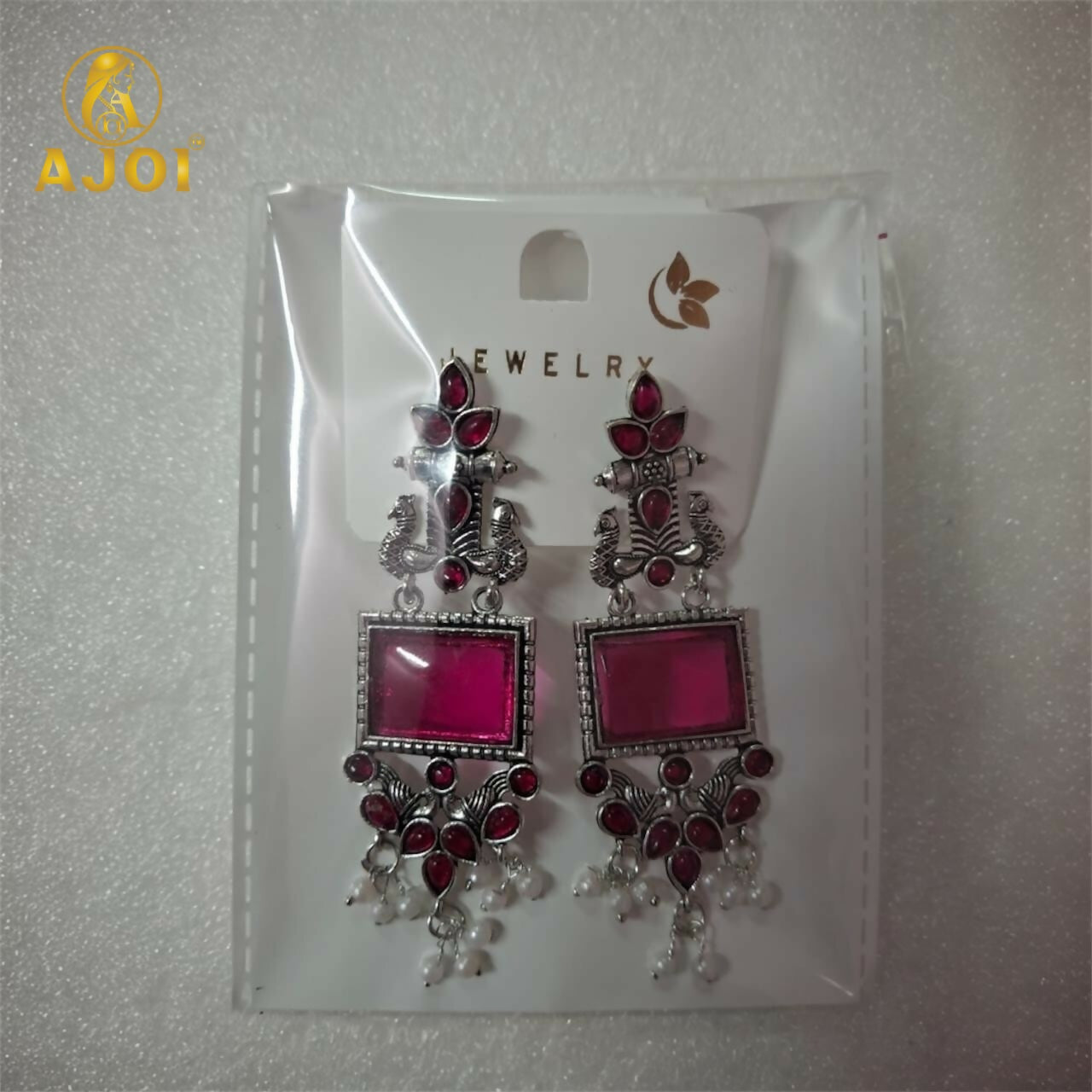 Elegant pink square bead earrings with pearl cluster danglers