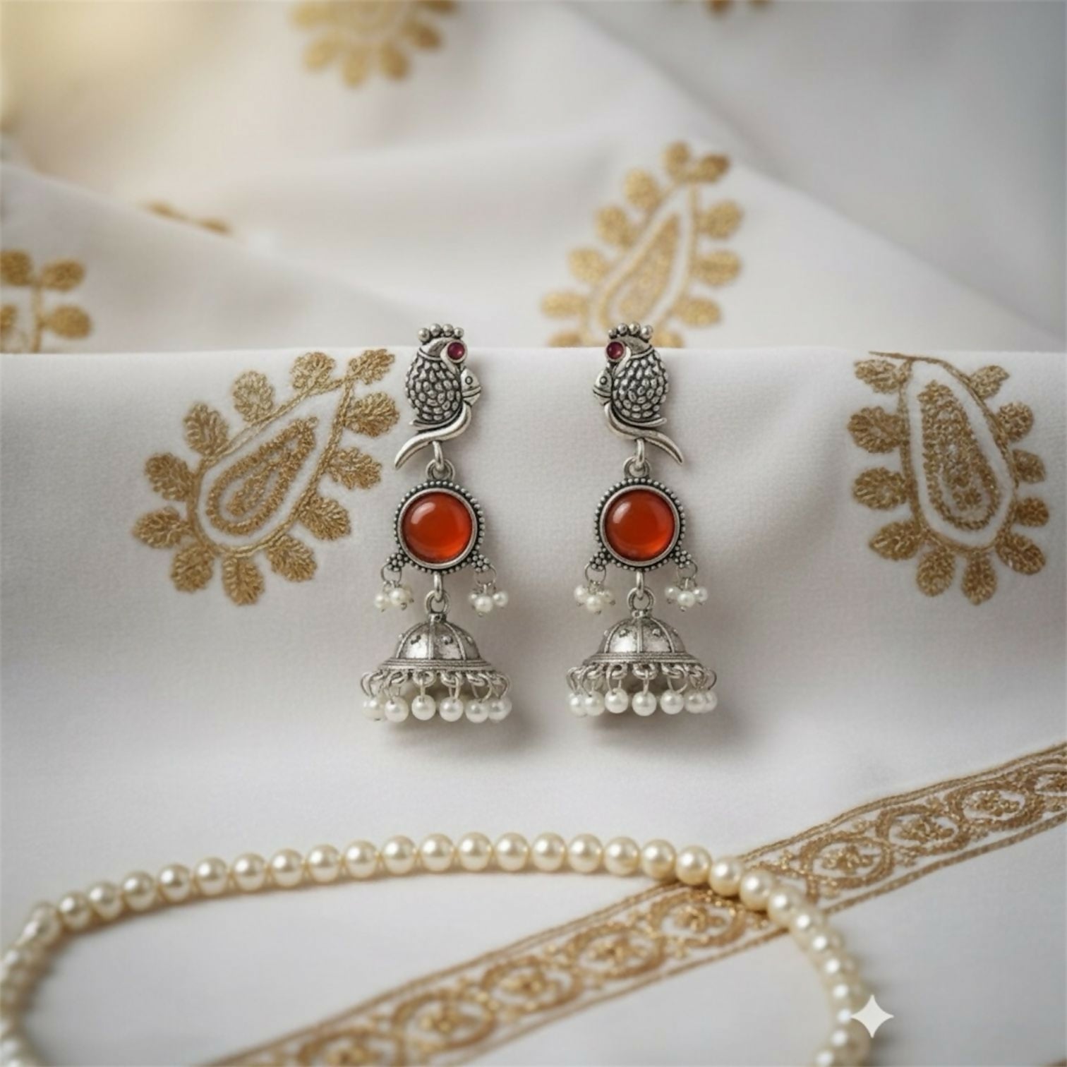 Oxidised Bird Design Jhumka Earrings with Stone Center and Pearl Drops for Women
