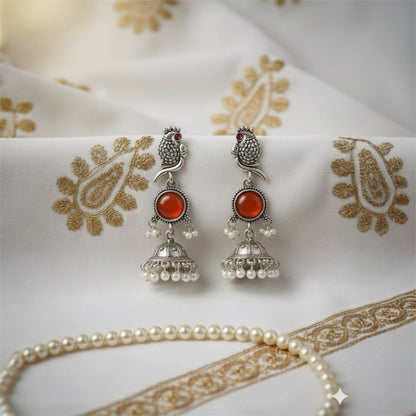 Oxidised Bird Design Jhumka Earrings with Stone Center and Pearl Drops for Women