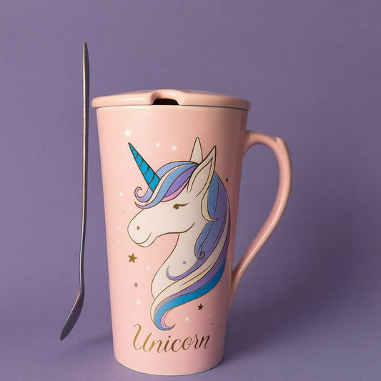 Premium Unicorn Printed Ceramic Mug With Golden Lid & Spoon | Cute Pink Coffee Mug With Lid For Girls, Office & Home Use | 400ml Large Capacity Tea Cup | Gift For Birthday, Kids, Women, Magic Unicorn Printed Cup (Pack of 1)