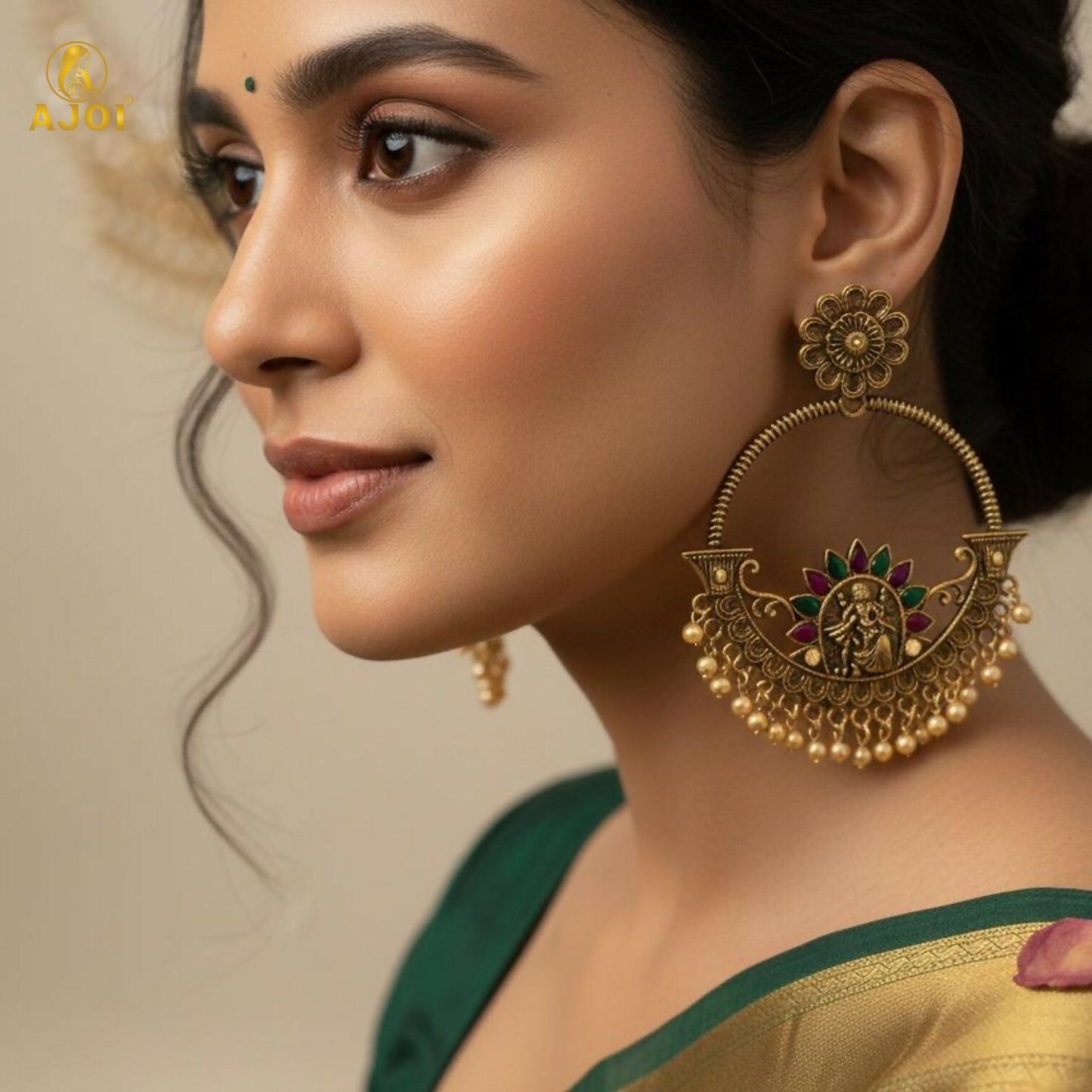 Radha Krishna Central Goddess Chandbali Earrings