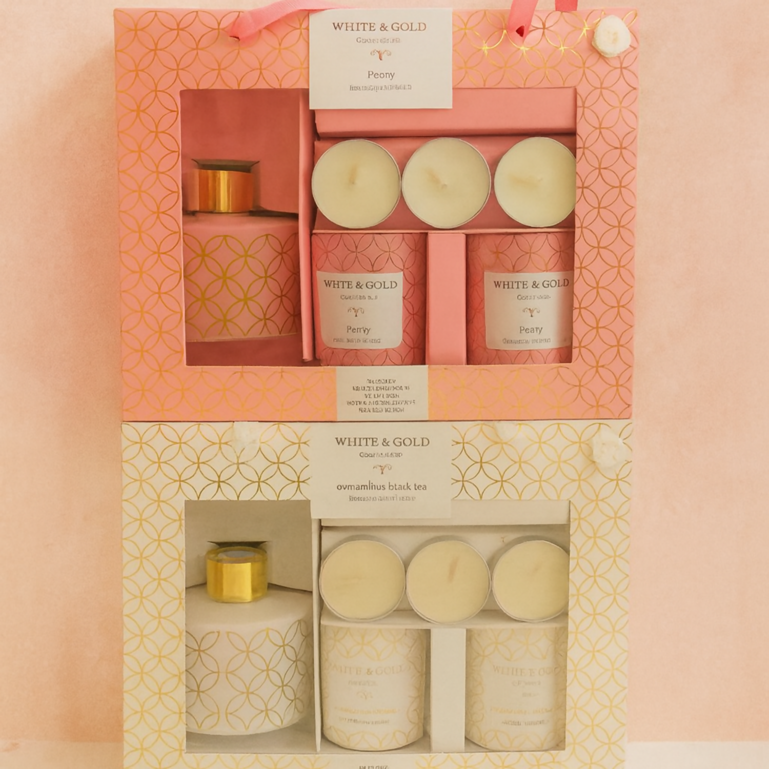 Luxury Peony Fragrance Gift Set – Foxy Home Fragrances White & Gold Collection | Scented Candle & Reed Diffuser Combo with Tealight Candles | Elegant Home Décor Gift Set for Women