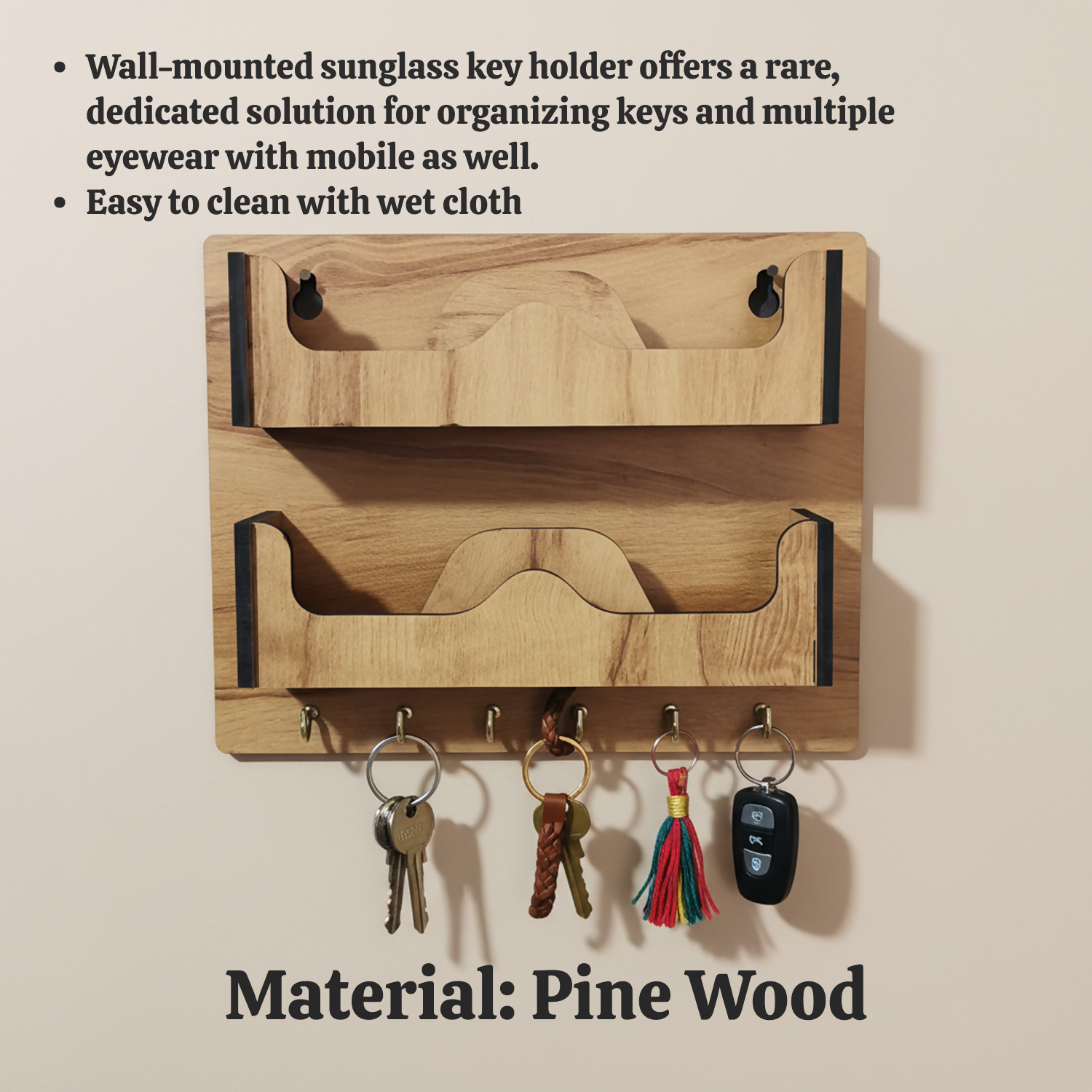 Double Layer Wooden Wall Mounted Organizer with Glasses Shelf and Key Hooks