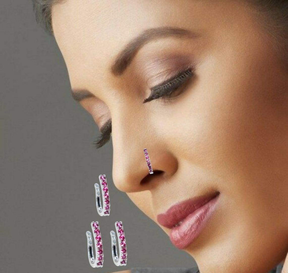 Rose Gold Pink CZ Floral Non-Pierced Clip-On Nose Ring/Pin Combo Pack of 3