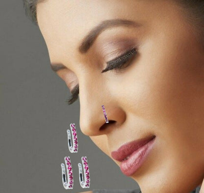 Rose Gold Pink CZ Floral Non-Pierced Clip-On Nose Ring/Pin Combo Pack of 3