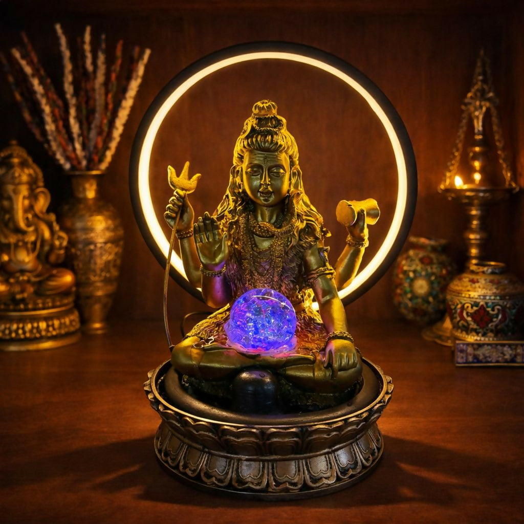 Lord Shiva LED Water Fountain with Halo Ring Light