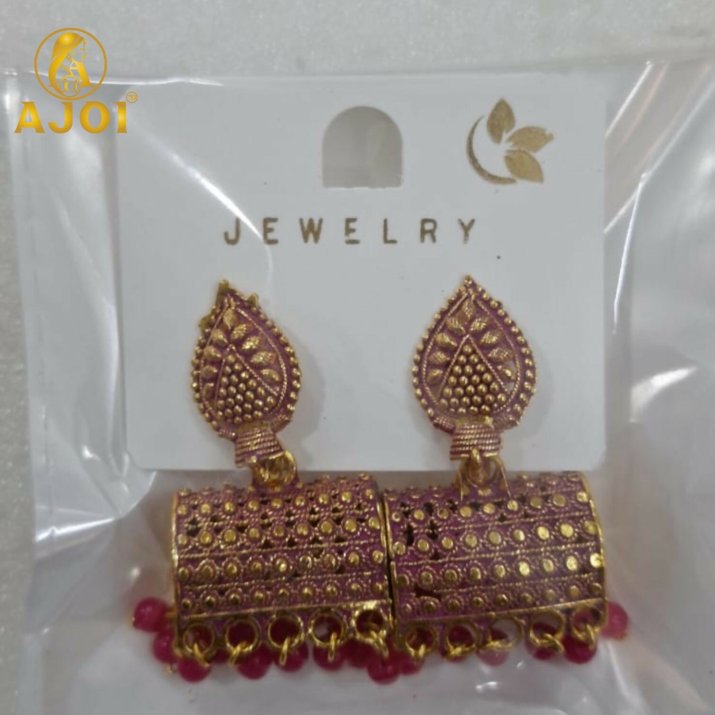 Antique Gold-Plated Leaf Design Jhumka Earrings with Pink Bead Drops