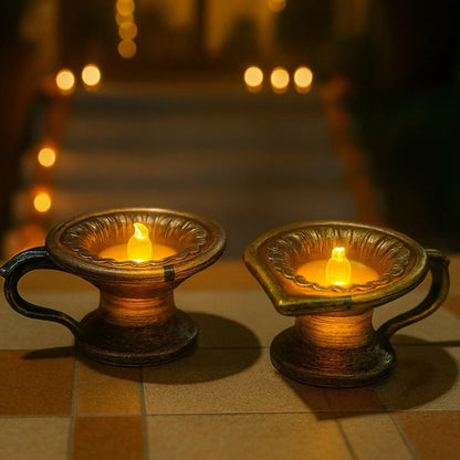 Set of 12 Vintage LED Diya Lamps | Battery Operated Flameless Pooja Lights | Antique Finish Decorative Deepak for Diwali, Navratri, Temple, Wedding & Home Décor