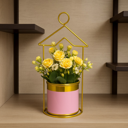Elegant Yellow Artificial Flower Pot with Golden Metal Stand and Pink Pot | Decorative Faux Plant for Living Room, Bedroom, Office & Tabletop Home Decor | Premium Gift for Housewarming & Festive Decor